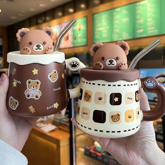 Teddy bear mug with straw and lid, brown cup with bear and star prints, cream top