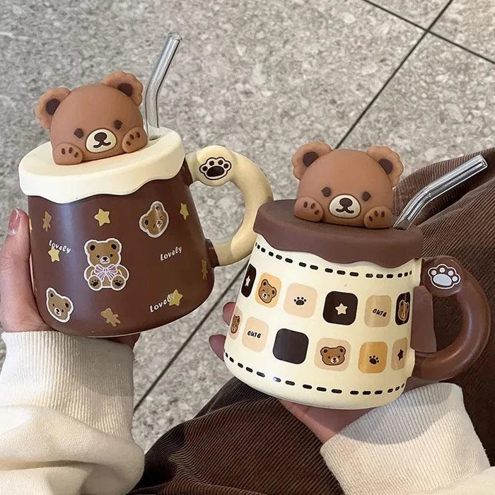 Teddy bear mug with lid and straw set, brown and cream cups with bear-face toppers