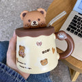 Teddy bear mug with lid and clear straw, cream and brown cup with bear face topper