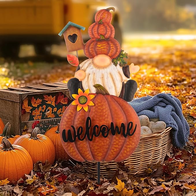 Fall gnome welcome pumpkin yard sign stake with welcome lettering and sunflower