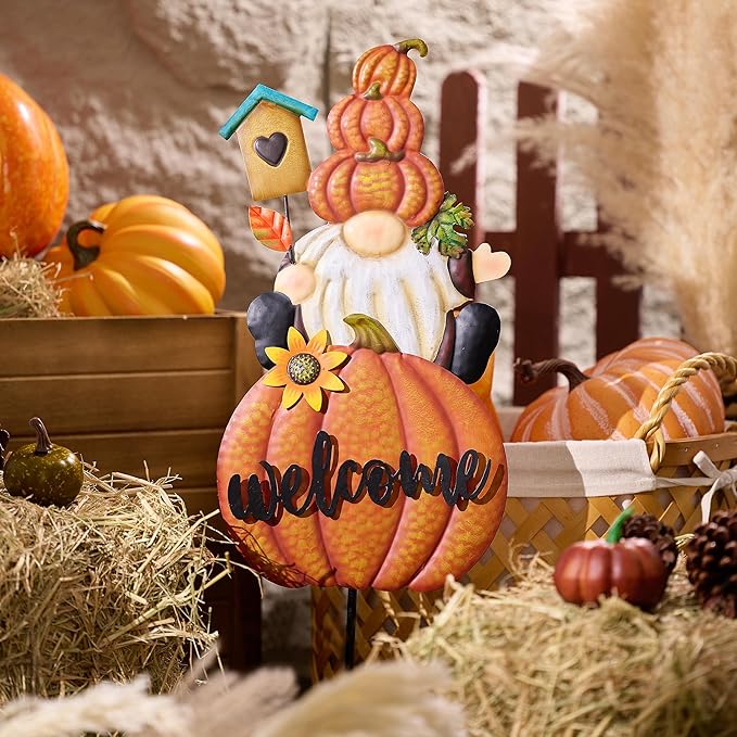 Fall gnome welcome pumpkin yard sign stake with white beard and orange pumpkin