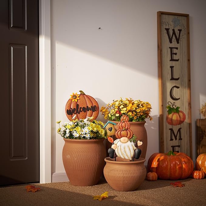 Fall gnome welcome pumpkin yard sign stake with turquoise house and sunflower flower
