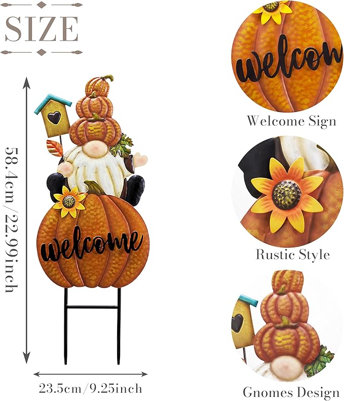 Fall gnome welcome sign size diagram showing rustic style and metal stake.