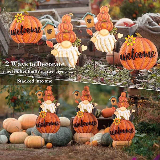Set of orange pumpkin welcome gnome yard signs with sunflower, teal house, and metal stakes.