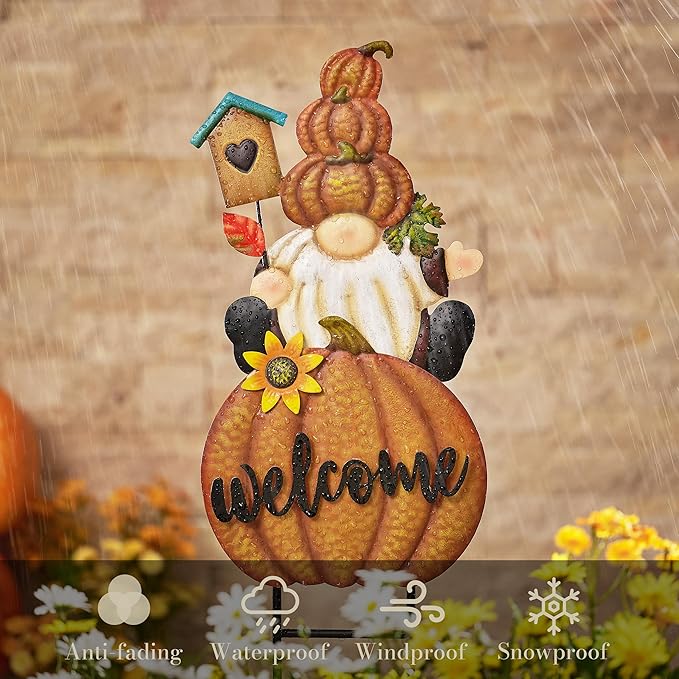 Orange pumpkin welcome gnome yard sign with sunflower and teal house, with weatherproof icons.