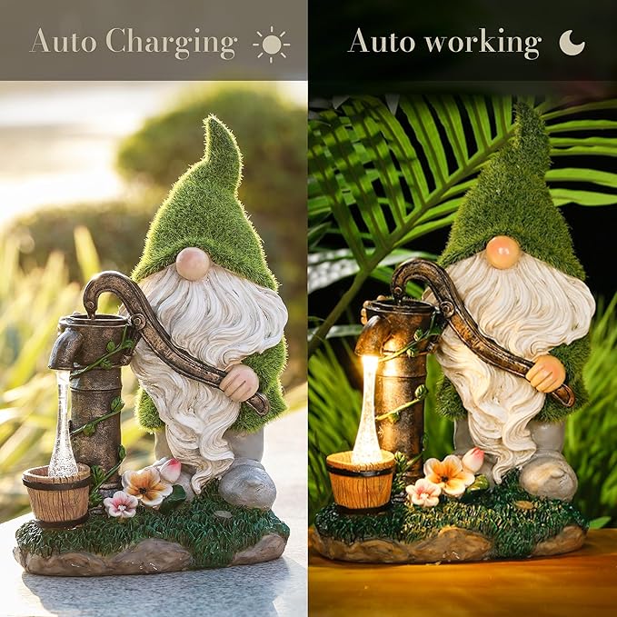 Garden gnome statue with green point hat, white beard, and glowing lantern solar light