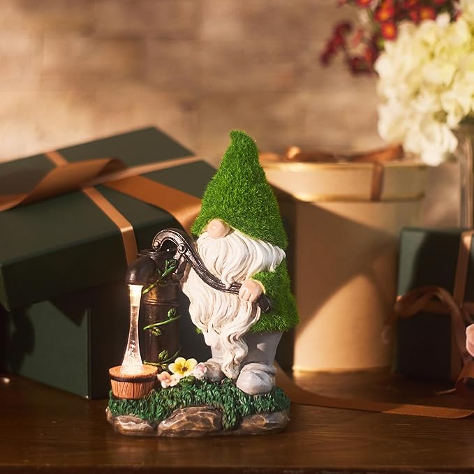 Garden gnome solar lantern decor with green hat, white beard, and flower-and-grass base
