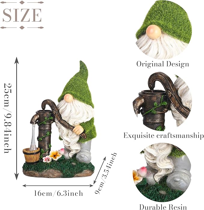 Garden gnome solar lantern decor with green hat, white beard, and lantern basket