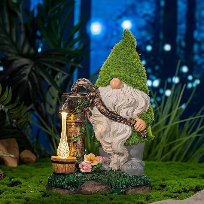 Garden gnome solar lantern ornament with green hat, white beard, and softly glowing lantern