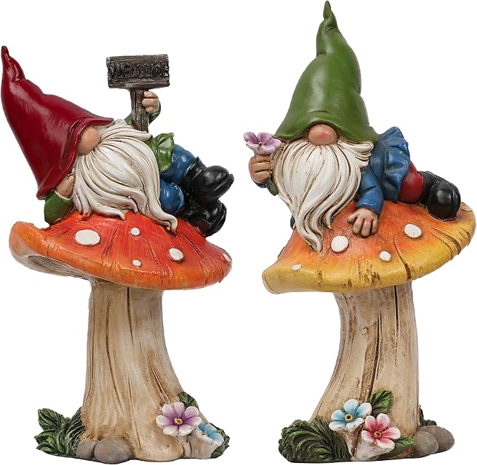 Resin garden gnome statues set of 2 on mushroom bases, red and green hats