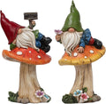 Resin garden gnome statues set of 2 on mushroom bases, red and green hats