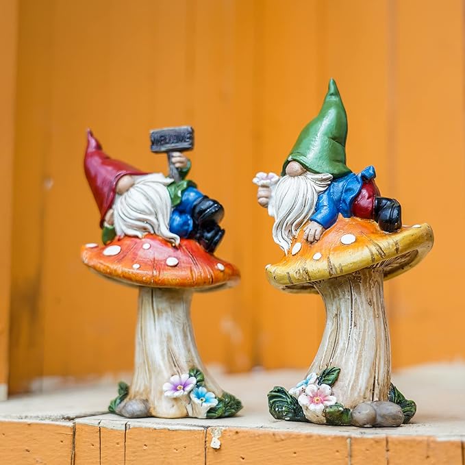Resin garden gnome statues set of 2 on mushroom bases, blue outfits, red and green hats