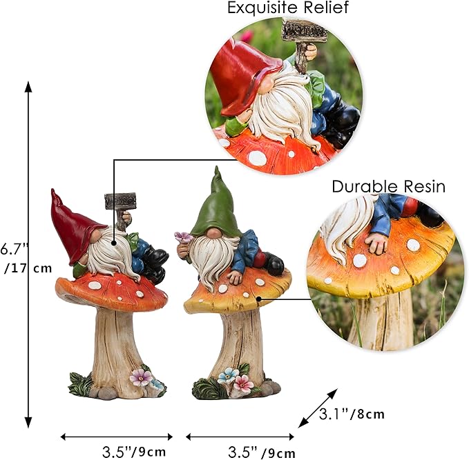 Resin garden gnome statues set of 2 size diagram with relief and detail callouts