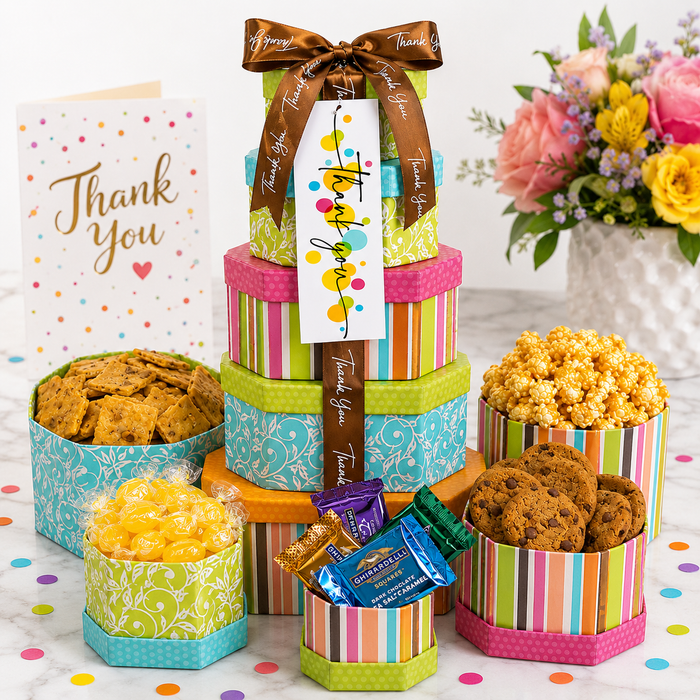 Thank you treat gift tower with stacked striped boxes, bow ribbon, cookies and candies