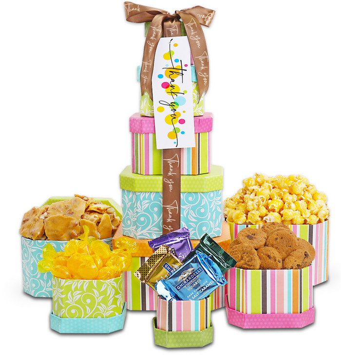 Thank you treat gift tower with bow ribbon, stacked colorful boxes, assorted snack treats