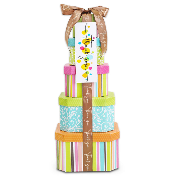 Thank you treat gift tower with stacked colorful boxes and long bow ribbon