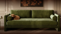 Velvet pet chaise with curved orthopedic seat and solid wood legs