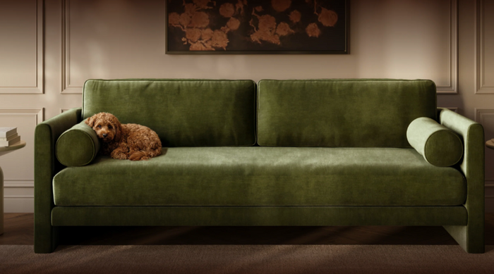 Velvet pet chaise with curved orthopedic seat and solid wood legs