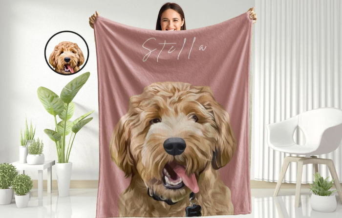 Personalised pet photo blanket woven with pet's face and name