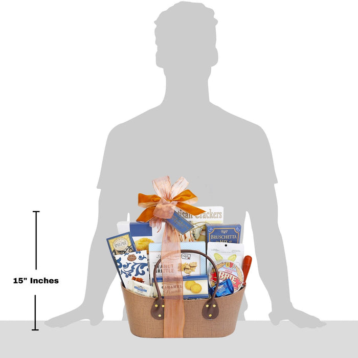 15 inch gourmet gift basket in burlap with assorted cheese and cracker snacks