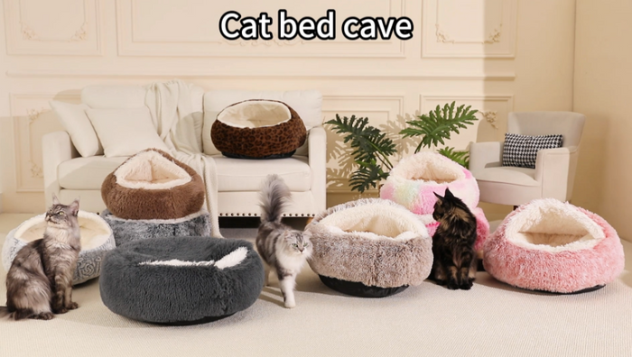 Hooded cave-style calming pet bed with soft enclosed walls