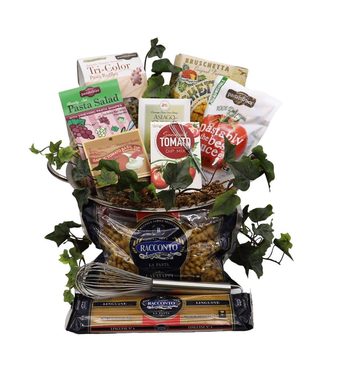 Italian gourmet gift set basket with pasta salad, bruschetta, tomato dip mix, crackers