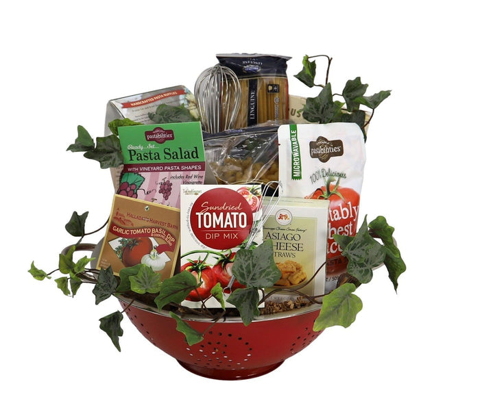 Italian gourmet gift set basket with pasta salad, tomato dip, asiago cheese straws, crackers