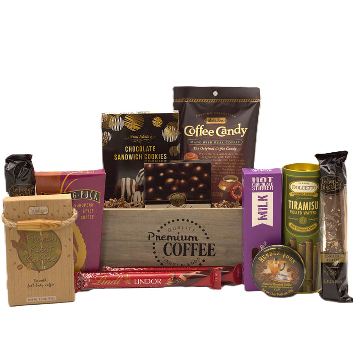 Premium coffee gift basket with assorted cookies, candy, coffee, and chocolate bars in box