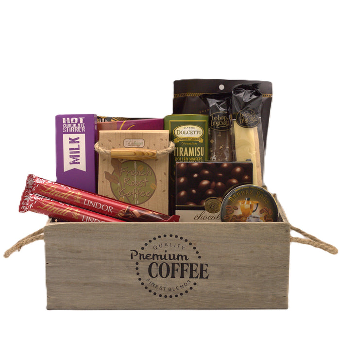 Premium coffee gift basket with coffee, tiramisu, hot cocoa mix, cookies, and chocolate bars