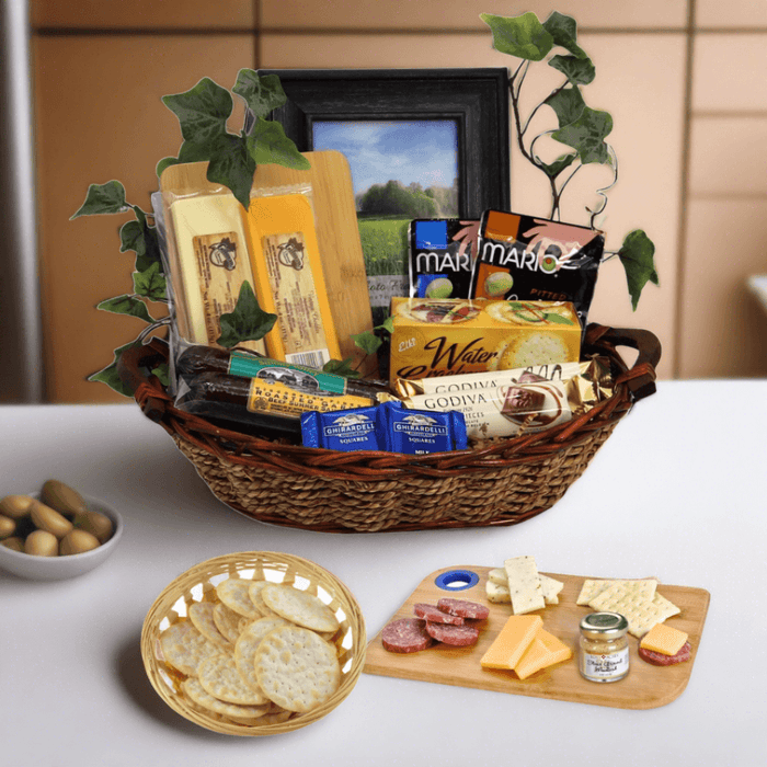 Gift basket with woven tray, wrapped frame, and assorted snack packs