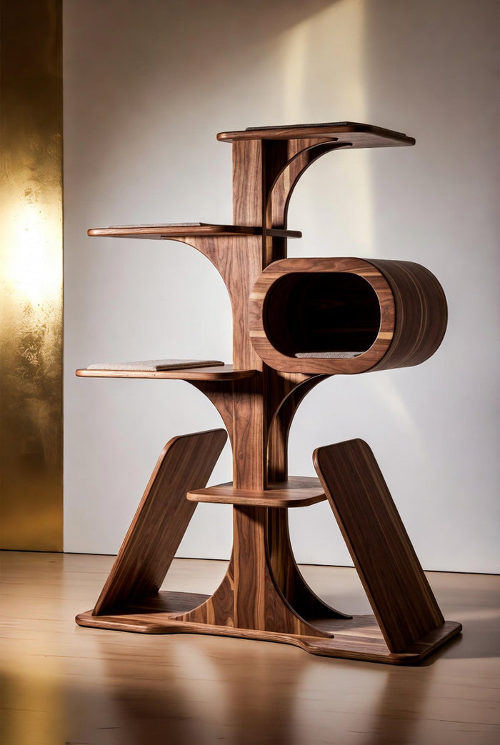 Sculptural cat tower with solid wood posts, bouclé upholstery and sisal scratching columns