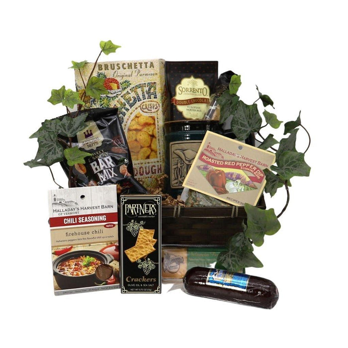 Food gift basket with bruschetta, crackers, roasted pepper seasoning, and dark sausage
