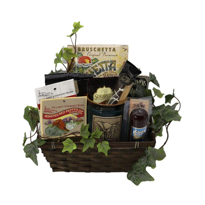 Wicker food gift basket with bruschetta, crackers, seasoning packs, and dark sausage
