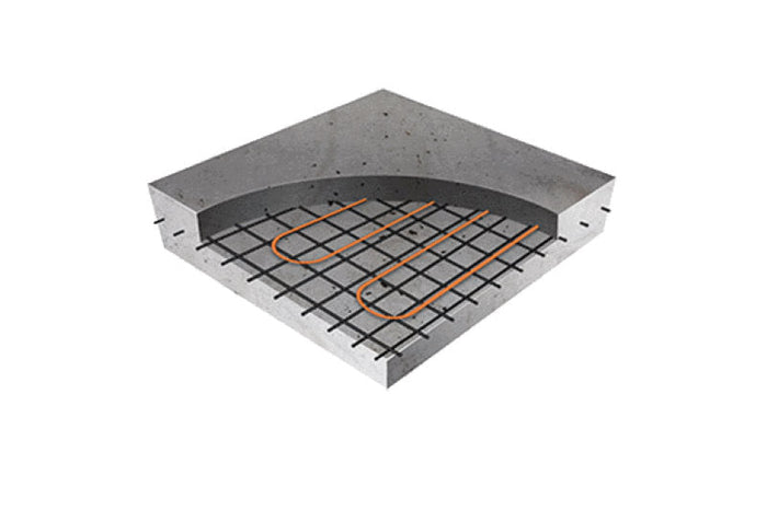 ThermoSlab Electric Radiant Heat Mat for concrete slabs and floors shown with concrete cutout