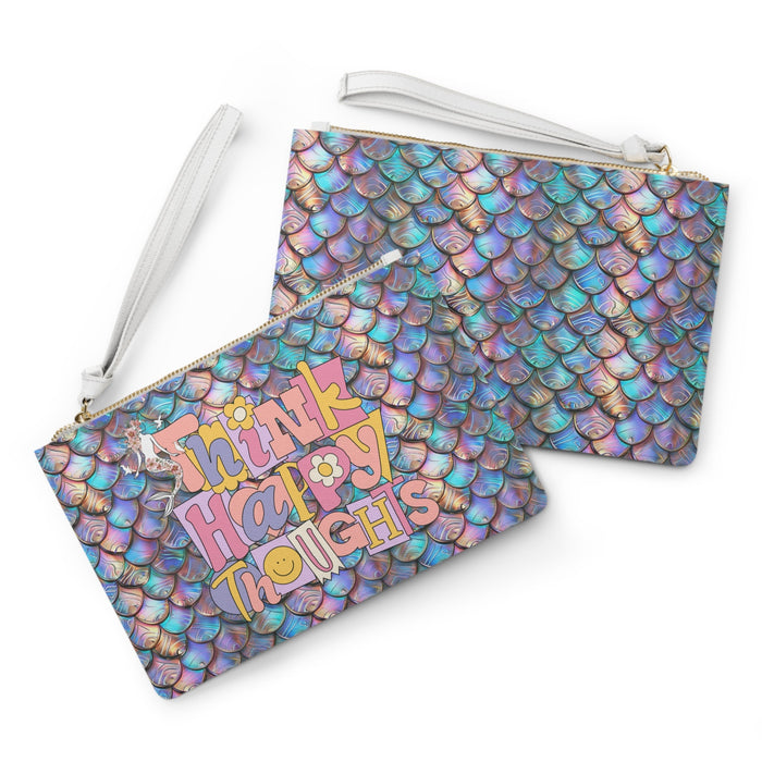 Think Happy Thoughts Clutch Bag - Holographic Mermaid Scale Wristlet with Retro Groovy Typography in Saffiano PU Leather, Mermaid Core Positivity Gift