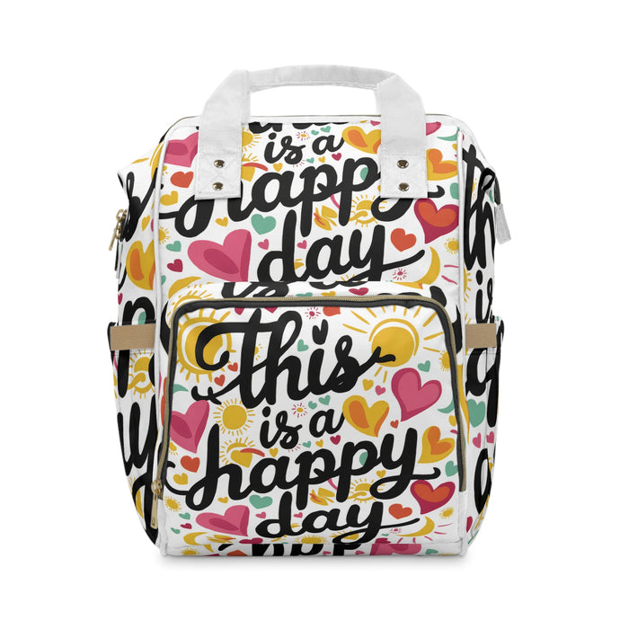 This Is A Happy Day Diaper Backpack – Colourful Hearts & Sunshine Print | Insulated Bottle Pockets | Large Capacity Nappy Bag | Baby Shower & New Mum Gift