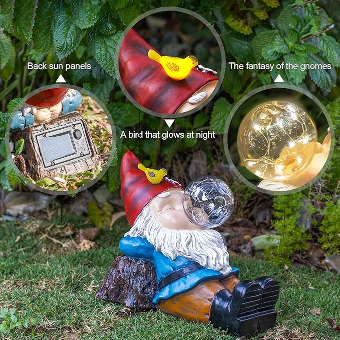 Colorful solar garden gnome decoration with red hat, blue coat, and glowing sphere