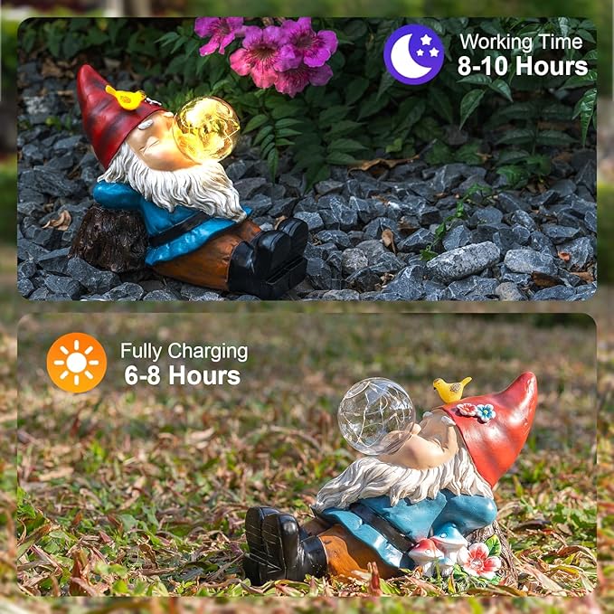Lying solar garden gnome statue on stones, red cone hat and glowing bubble light