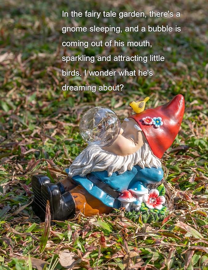 Garden gnome statue with red hat, white beard, blue coat, and glowing bubble light