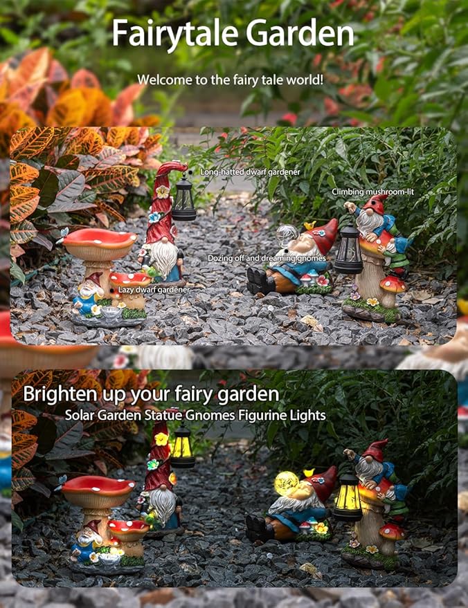 Set of solar garden gnome figurines with glowing lights, including red and blue outfits