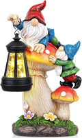 Solar garden gnome statue on mushroom holding a glowing lantern, multicolor outfit