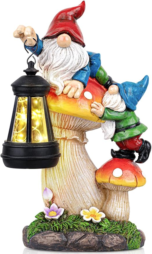 Solar garden gnome statue on mushroom holding a glowing lantern, multicolor outfit