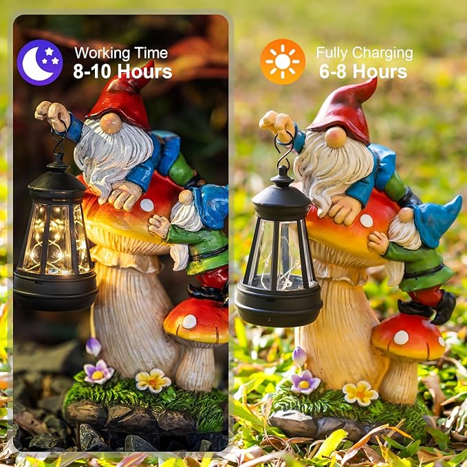 Solar garden gnome statue with glowing lantern, shown in two side-by-side views