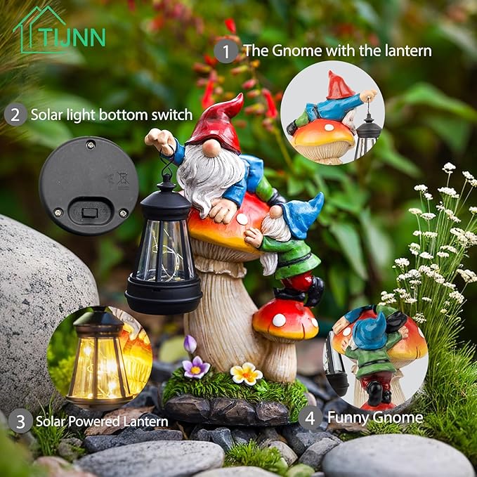 Solar garden gnome lantern statue with base switch and glowing lantern, on mushroom