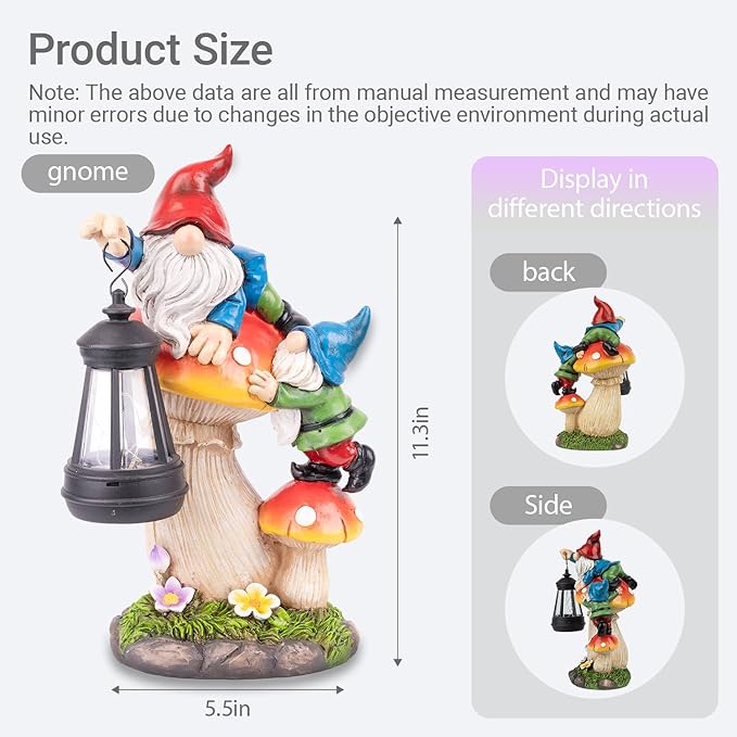 Solar garden gnome statue holding lantern on mushroom, displayed in product size layout