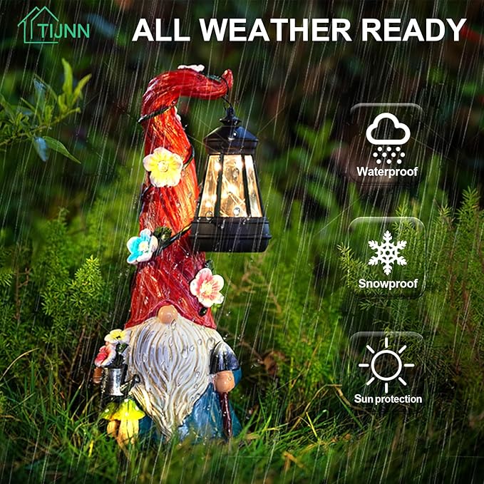 Solar garden gnome statue with red hair and white beard, holding a glowing black lantern