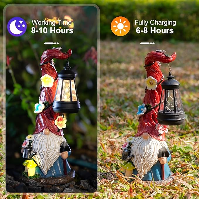 Solar garden gnome statue with black lantern, red coat, white beard, and blue outfit