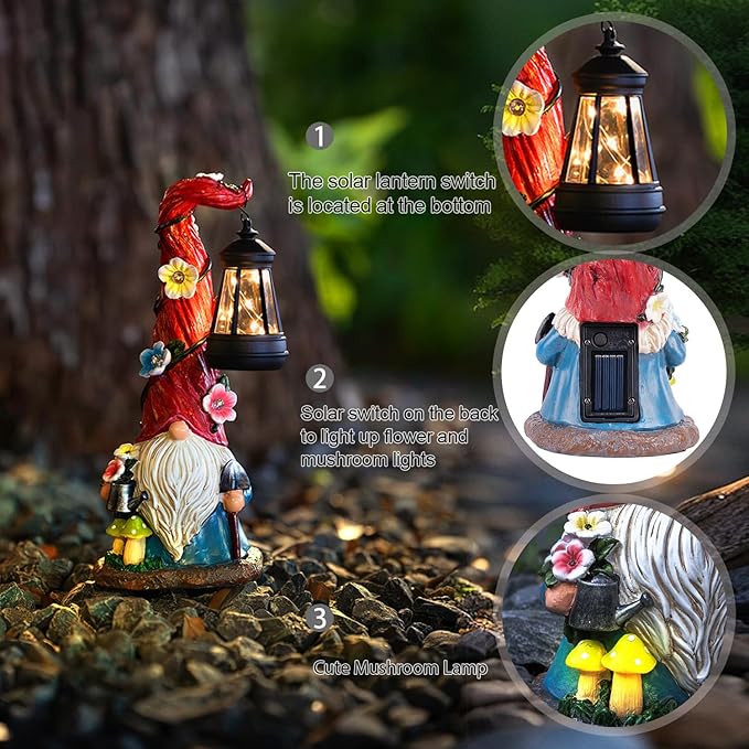 Solar garden gnome statue with black lantern and glowing mushroom lights at the base