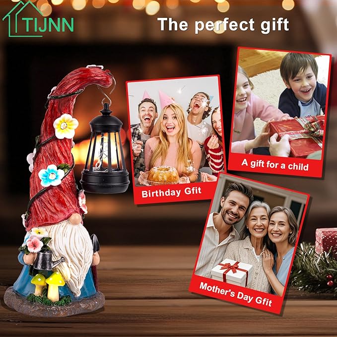 Red-haired solar garden gnome statue with glowing black lantern, outdoor decor gift