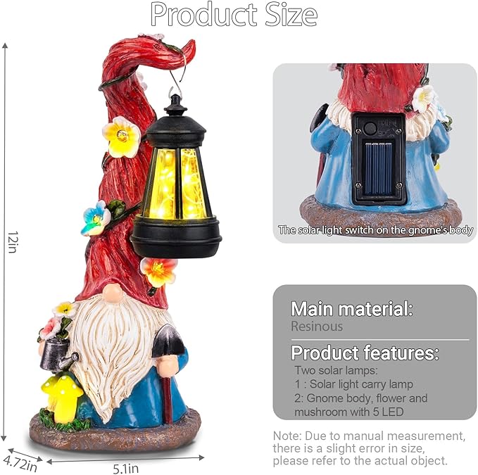 Solar garden gnome statue with glowing lantern, showing the solar panel on its back